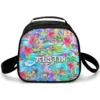 Tropical Hawaiian themed Disney Stitch standalone lunch tote for toddlers and kids, featuring a vibrant personalized name plate and water-resistant exterior fabric.