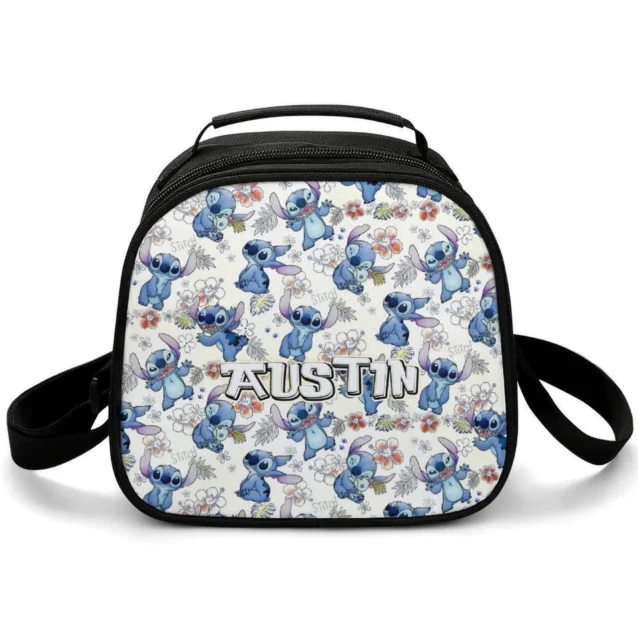 Galaxy tie-dye themed Lilo and Stitch insulated cooler bag for school lunches, displaying a custom printed name over a deep space background.