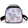 Custom personalized pink Angel Stitch insulated thermal lunch box for school, showcasing cute Hawaiian floral graphics and a secure zippered food compartment.