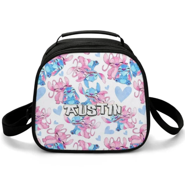 Custom personalized pink Angel Stitch insulated thermal lunch box for school, showcasing cute Hawaiian floral graphics and a secure zippered food compartment.