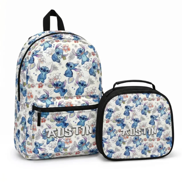 Complete matching back-to-school set featuring a custom personalized Lilo & Stitch backpack and thermal lunchbox combination bundle.