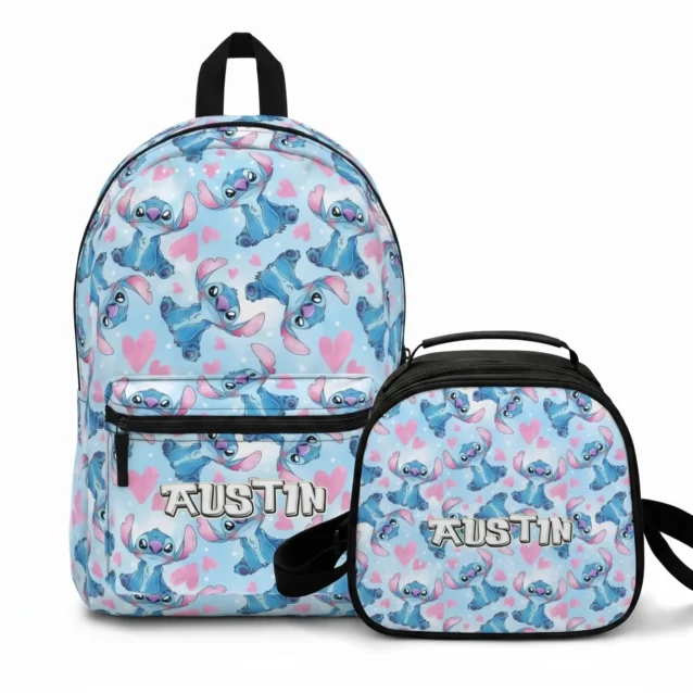 Complete matching back-to-school set featuring a custom personalized Lilo & Stitch backpack and thermal lunchbox combination bundle.