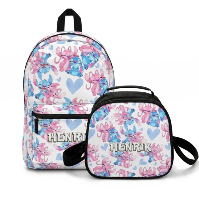 Complete matching back-to-school set featuring a custom personalized Lilo & Stitch backpack and thermal lunchbox combination bundle.