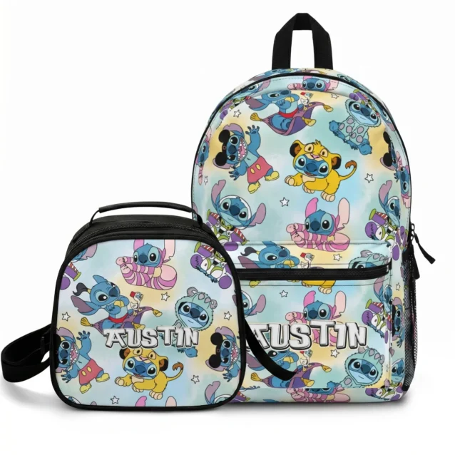 Complete matching back-to-school set featuring a custom personalized Lilo & Stitch backpack and thermal lunchbox combination bundle.
