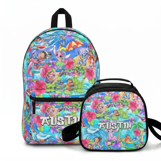 Complete matching back-to-school set featuring a custom personalized Lilo & Stitch backpack and thermal lunchbox combination bundle.