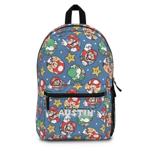 Front view of a personalized Super Mario backpack for kids, a blue school bag with a vibrant Nintendo character print.