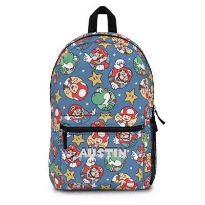 Front view of a personalized Super Mario backpack for kids, a blue school bag with a vibrant Nintendo character print.