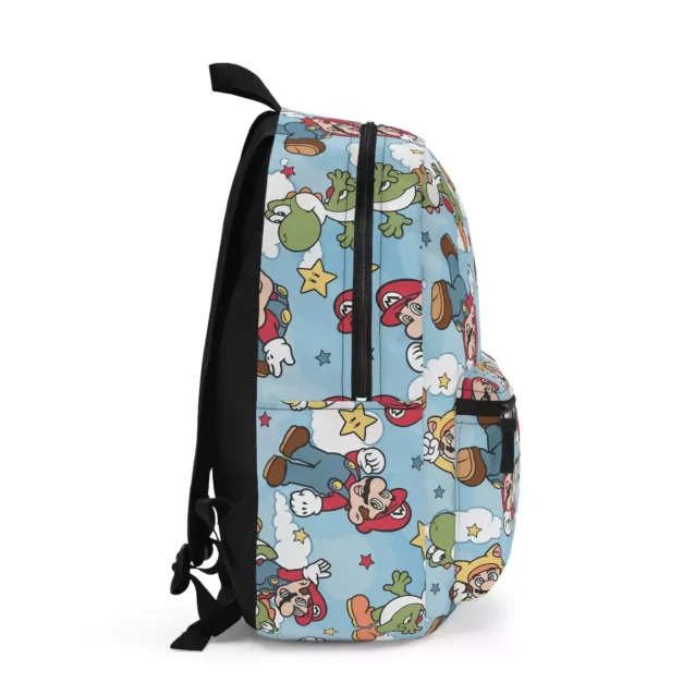 A standard water bottle fitting securely in the mesh side pocket of the kids Super Mario backpack.