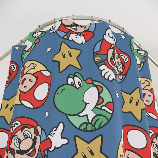 Waterproof polyester shower curtain with Princess Peach and Toad from Super Mario.
