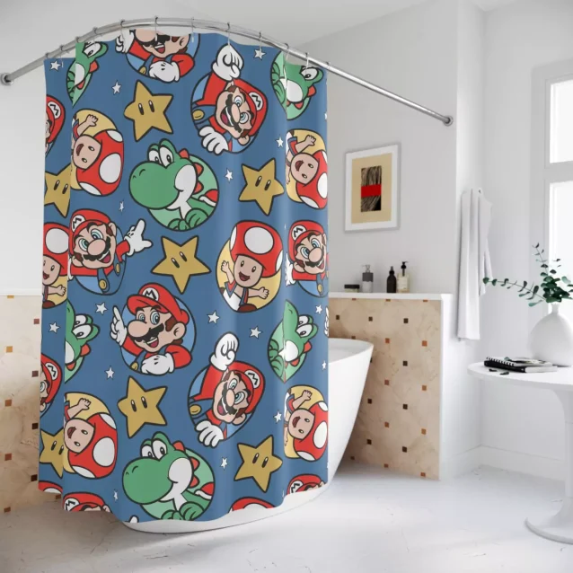 Retro 8-bit Super Mario Bros. level design shower curtain for a gamer's bathroom.