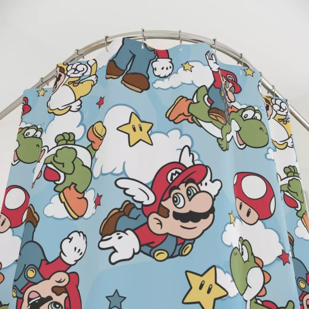 Kids' bathroom shower curtain with a vibrant Super Mario and Yoshi design.