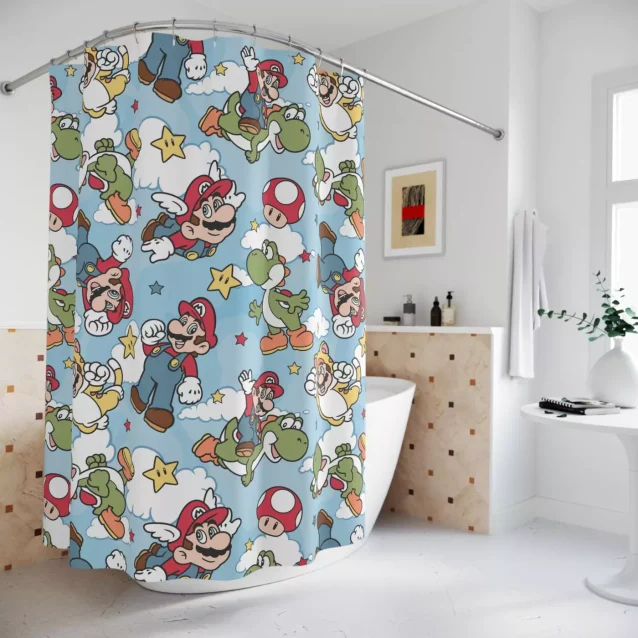 Super Mario Bros. shower curtain featuring Mario and Luigi in the Mushroom Kingdom.