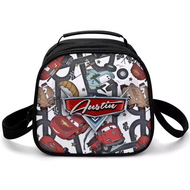 A personalized red Lightning McQueen lunch bag for kids, featuring a custom name and checkered flag design.