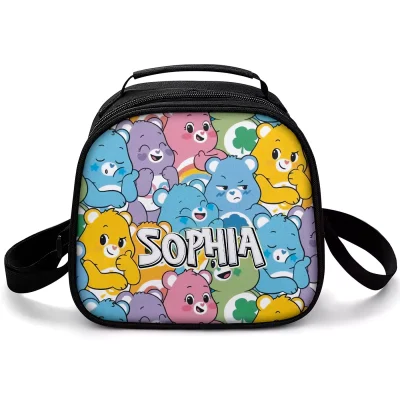 A reusable and soft-sided Care Bears insulated lunch bag, an eco-friendly option for daily use.  