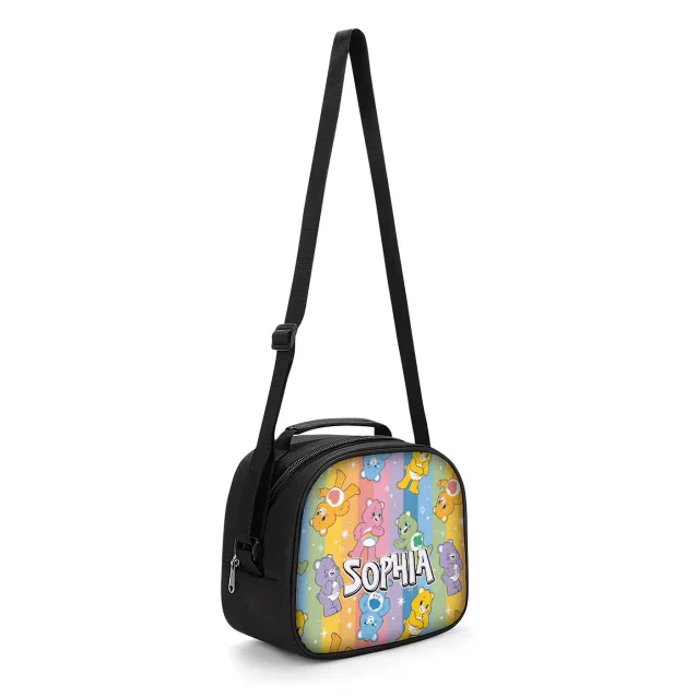 Durable zipper and padded top handle on the kids' Care Bears lunch bag.