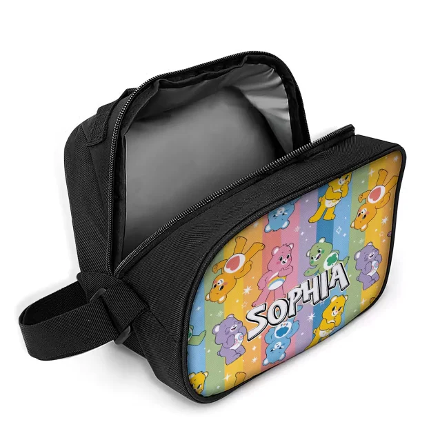 All character options for the personalized Care Bears insulated lunch bag collection.