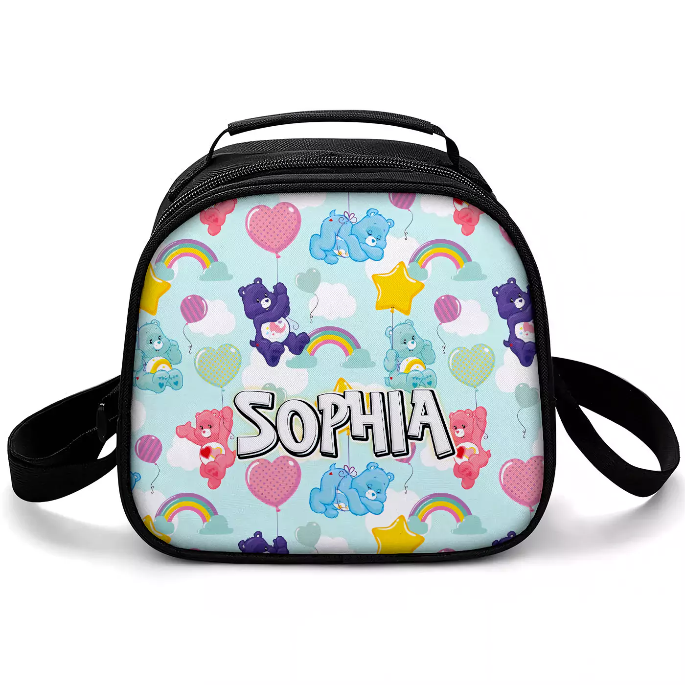 Mint Care Bears lunch box printed with bears floating on heart balloons and rainbows, personalized with the child's name.