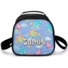 Blue Care Bears lunch box covered in bears, clouds and stars, personalized with a name in the chunky Care Bears lettering.