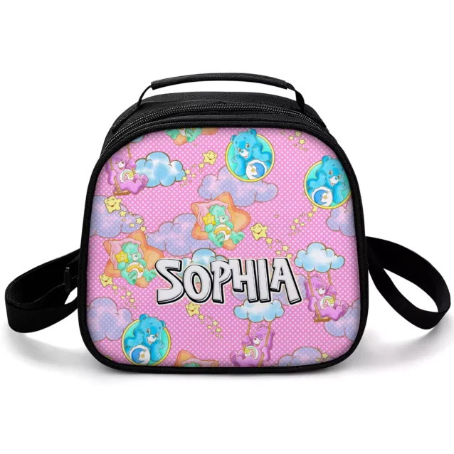 Pink polka-dot Care Bears insulated lunch bag with pastel bears drifting through clouds and stars, and a custom printed name.