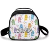 White Care Bears lunch bag scattered with bears and small coloured hearts, personalized with a printed name.