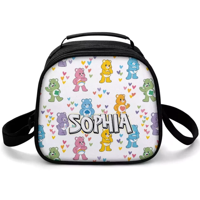 White Care Bears lunch bag scattered with bears and small coloured hearts, personalized with a printed name.