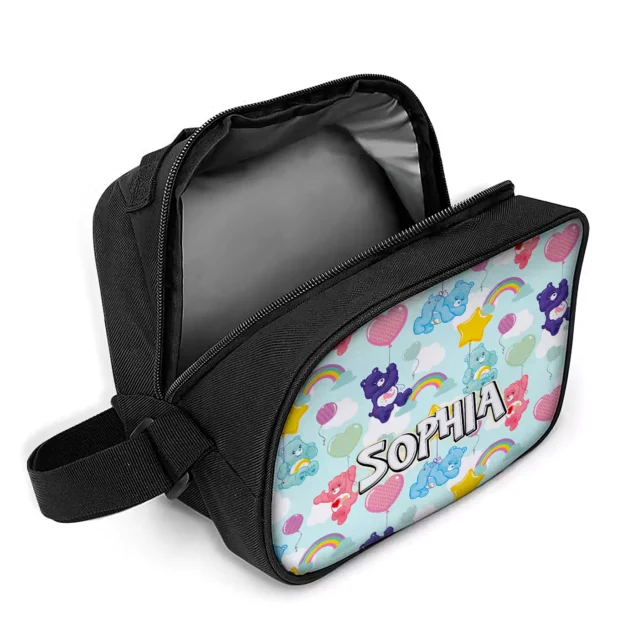 The Care Bears lunch box unzipped, showing the food-safe aluminium foil lining that wipes clean and keeps school lunches fresh.