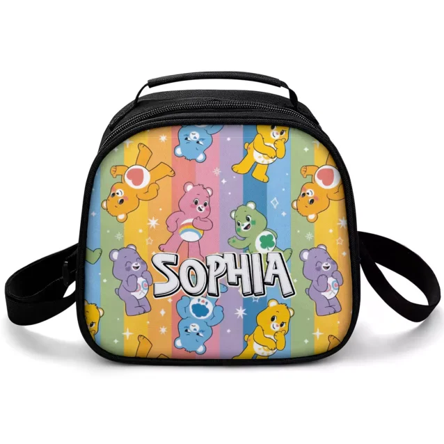 Care Bears lunch box with the bears posing across bold vertical rainbow stripes, personalized with a name.
