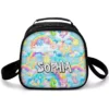 Sky-blue Care Bears lunch bag packed with rainbows, smiling suns and clouds, with the child's name across the front.