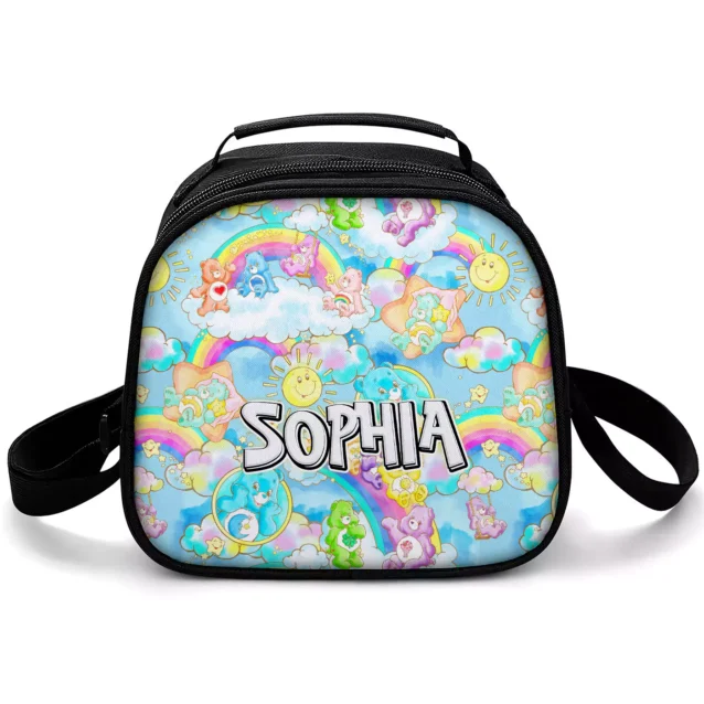 Sky-blue Care Bears lunch bag packed with rainbows, smiling suns and clouds, with the child's name across the front.