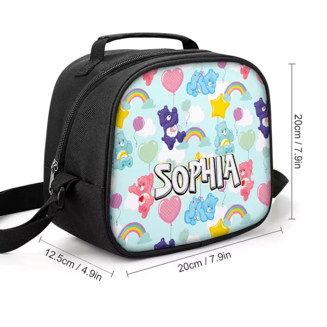 Size guide for the Care Bears lunch bag: 7.9 x 7.9 x 4.9 inches (20 x 20 x 12.5 cm).