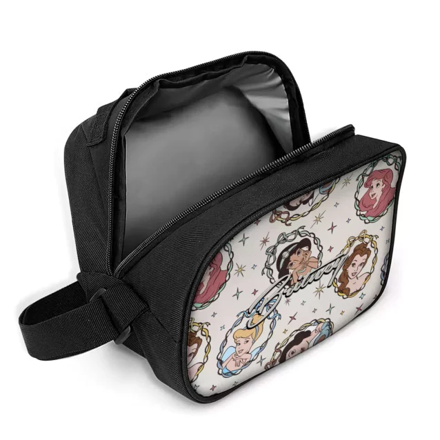 The Disney Princess lunch box unzipped, showing the food-safe aluminium foil lining that wipes clean and keeps school lunches fresh.