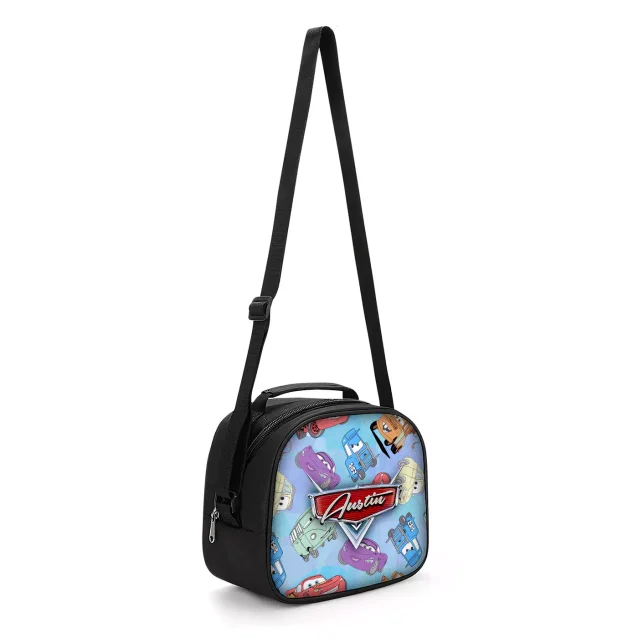 A collection of personalized Lightning McQueen lunch boxes displayed in red, blue, and black color options.