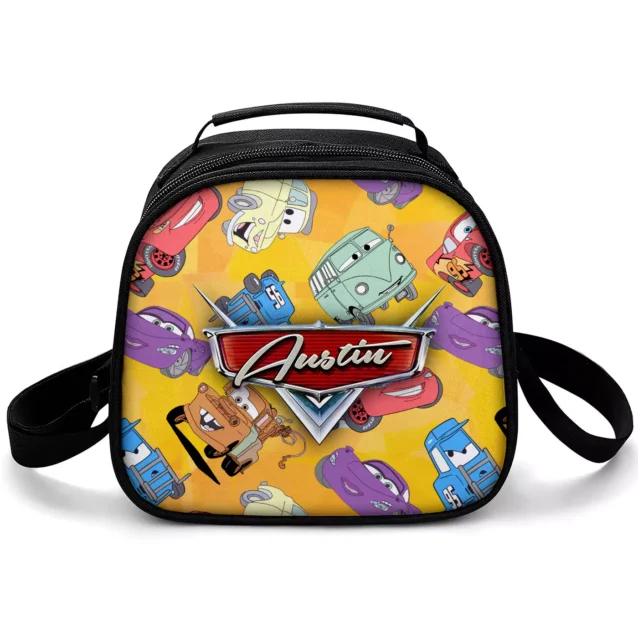 Yellow Disney Cars lunch bag covered in Lightning McQueen, Tow Mater and friends, personalized with a name in the Cars badge.