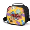 A personalized red Lightning McQueen lunch box for kids, featuring a custom name and a comfortable top handle.