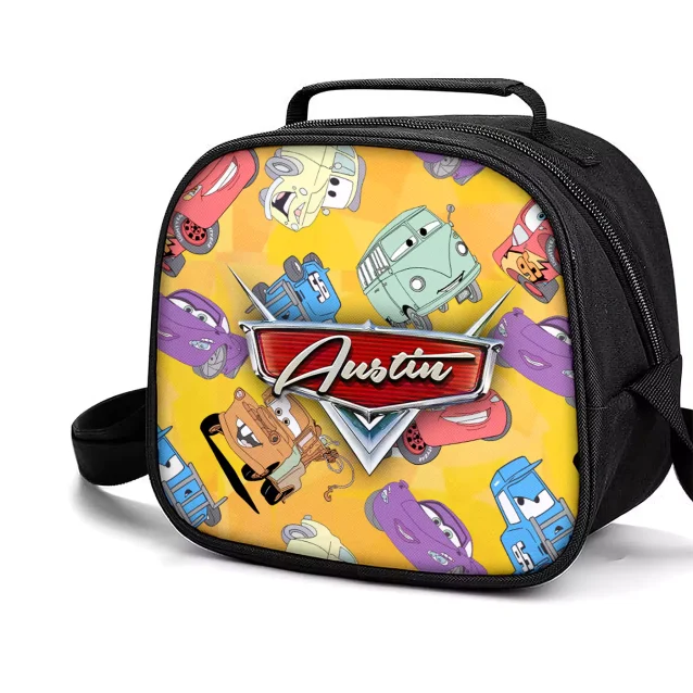 A personalized red Lightning McQueen lunch box for kids, featuring a custom name and a comfortable top handle.