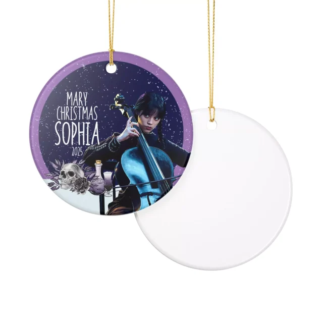 Addams Family themed Christmas ornament with a gold hanging string.