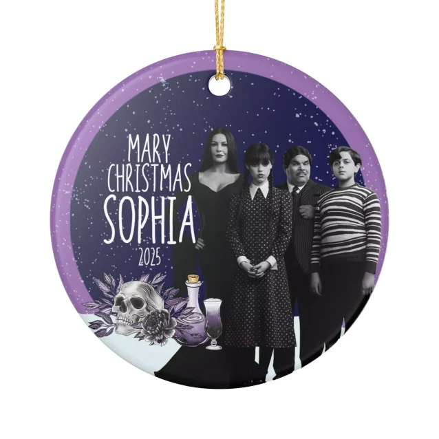 High-quality ceramic Wednesday Addams ornament, perfect for a gothic Christmas.