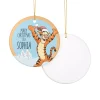 A family hanging their custom Hundred Acre Wood themed Pooh Bear ornament on their Christmas tree.