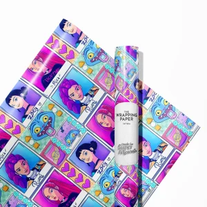 A birthday present wrapped in K-pop themed paper featuring musical notes and shamanic weapon motifs.
