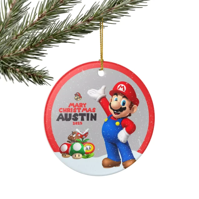 Super Mario Christmas ornament in his classic red hat and blue overalls.