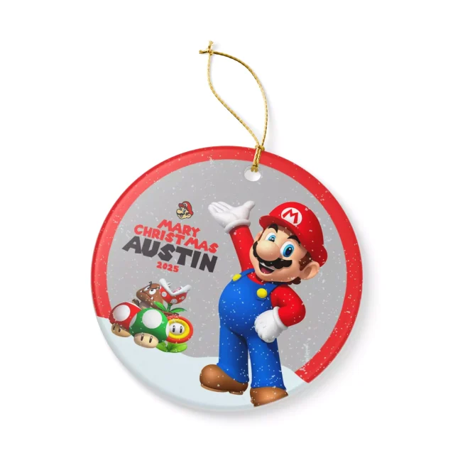 The Super Mario Christmas ornament placed in a red holiday stocking as a gift for a gamer.