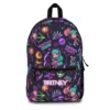 Black neon Kpop Demon Hunters backpack with glowing Huntrix Crew lettering, chibi hunters and weapons.