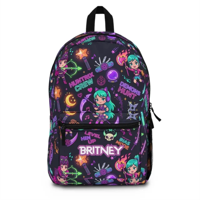 Black neon Kpop Demon Hunters backpack with glowing Huntrix Crew lettering, chibi hunters and weapons.