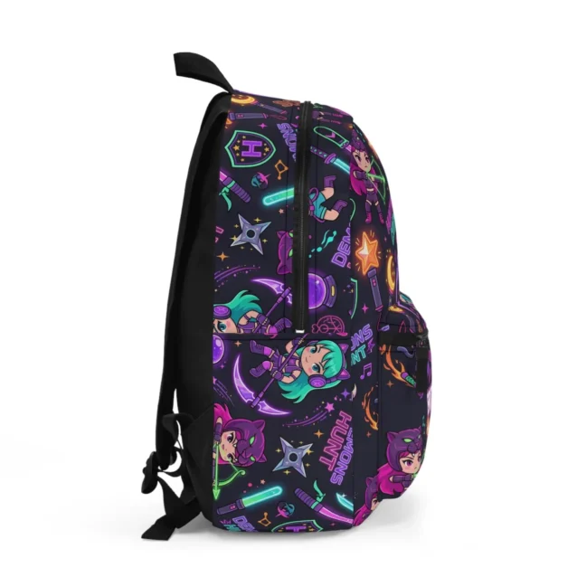 Side view of the black Huntrix Crew neon Kpop backpack.