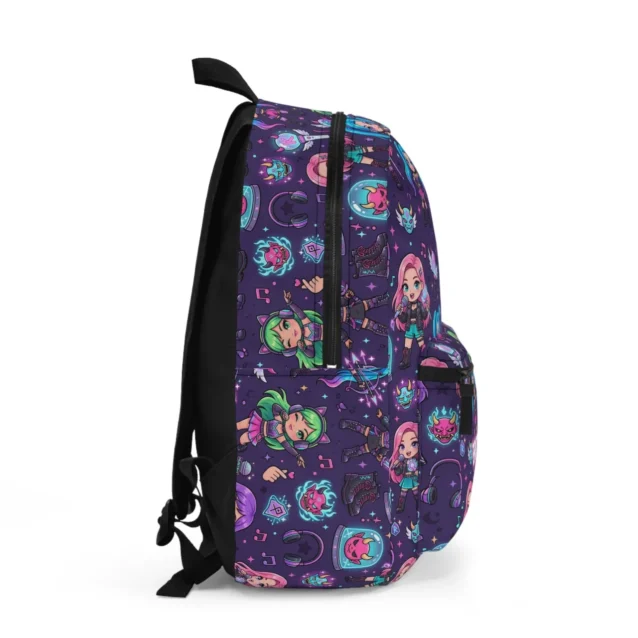 Side view of the purple Huntrix lightsticks Kpop backpack showing the mesh bottle pocket.