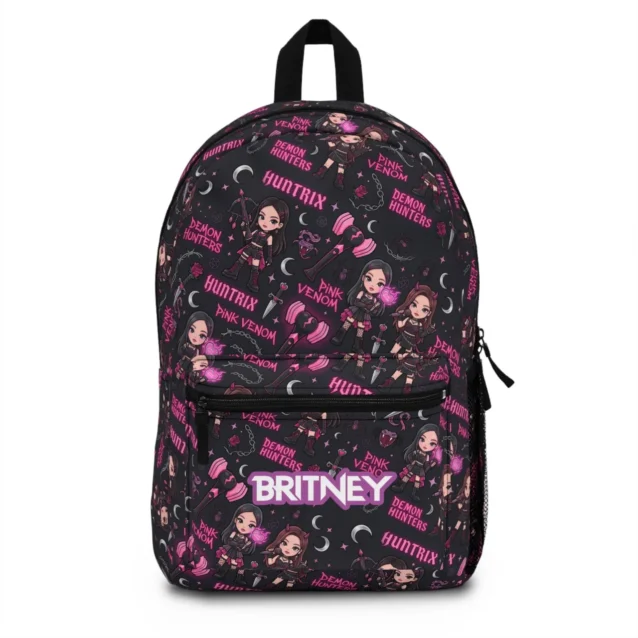 Black Kpop Demon Hunters backpack with the Huntrix Pink Venom typography toss in pink and black.
