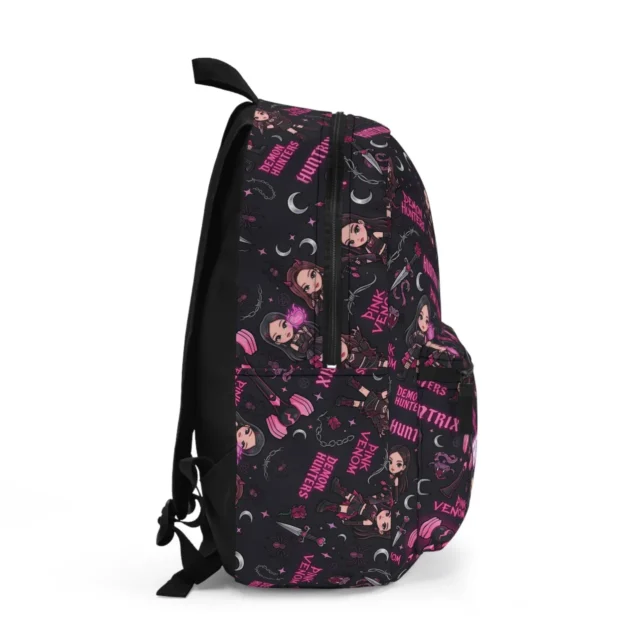 Side view of the black and pink Huntrix Pink Venom Kpop backpack.