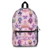 Pink Kpop Demon Hunters backpack with Rumi, Mira and Zoey in idol outfits and the Huntrix wings logo.