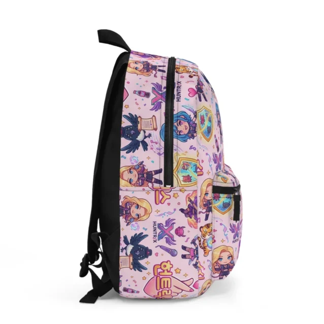 Side view of the pink Rumi, Mira and Zoey Kpop backpack with reinforced stitching.