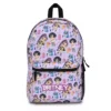 Lavender Kpop Demon Hunters backpack with the Huntrix and Saja Boys chibi toss — Rumi, Mira, Zoey, the Saja Boys and Derpy the tiger — personalized with the child's name.
